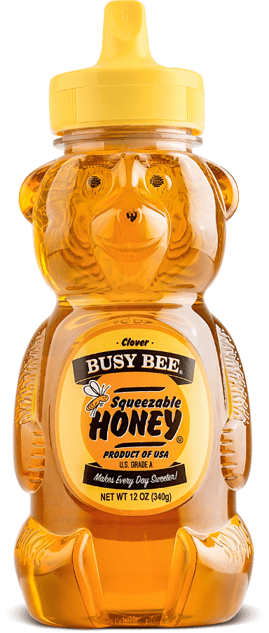 12 ounce bottle of Busy Bee squeezable honey that is shaped like a bear