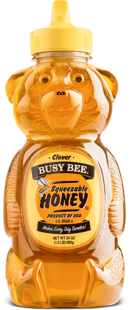 24 ounce bottle of Busy Bee squeezable honey that is shaped like a bear